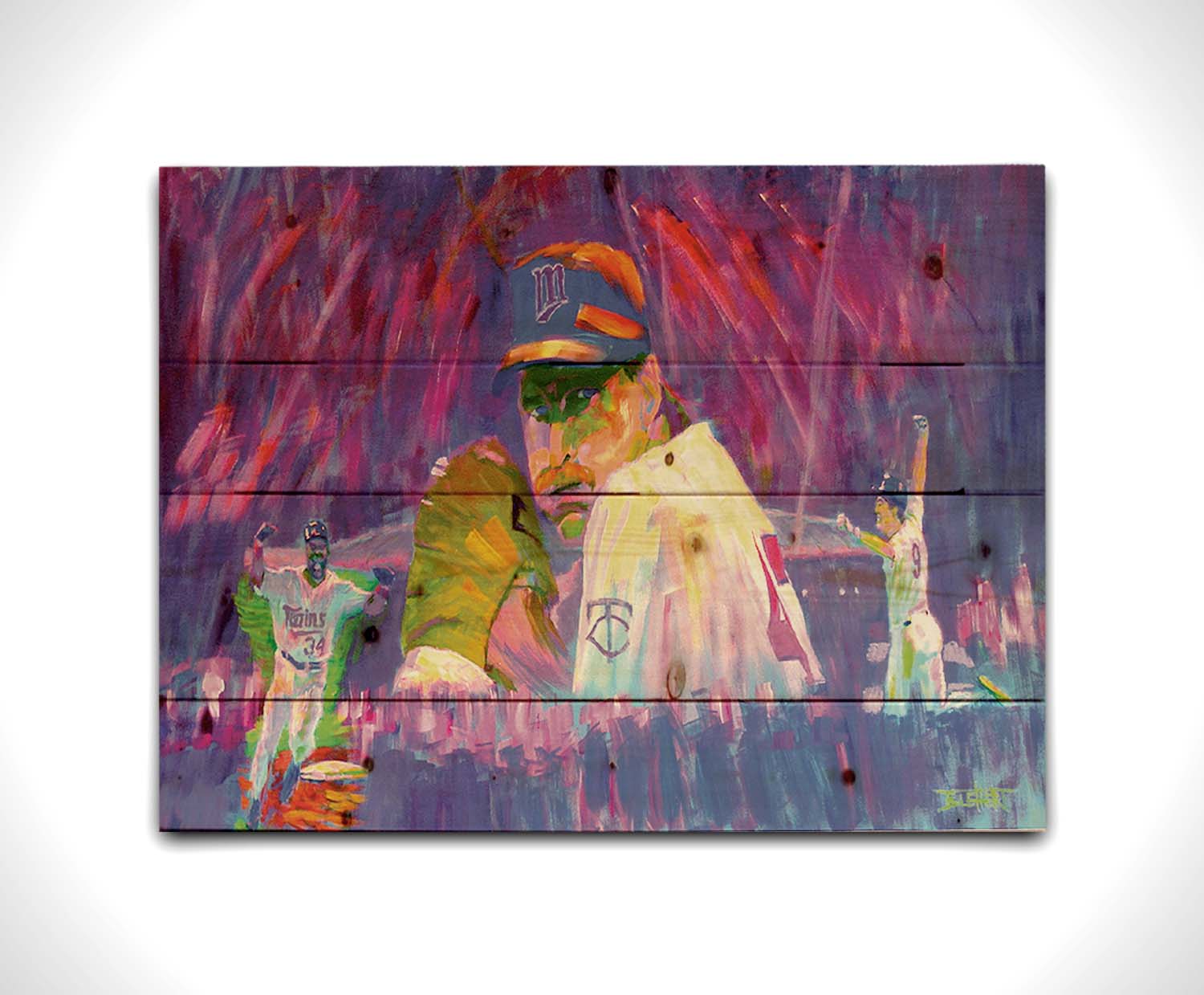 A painting of three Minnesota Twins players in a collage format, floating in an abstract purple, red, and pink background. Printed on a wood pallet.