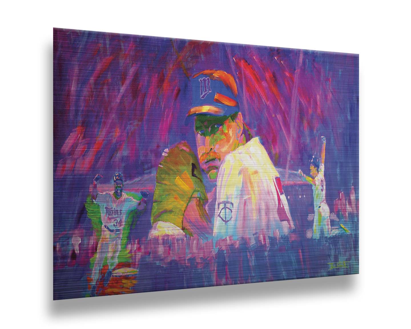 A painting of three Minnesota Twins players in a collage format, floating in an abstract purple, red, and pink background. Printed on metal.