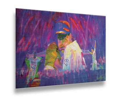 A painting of three Minnesota Twins players in a collage format, floating in an abstract purple, red, and pink background. Printed on metal.