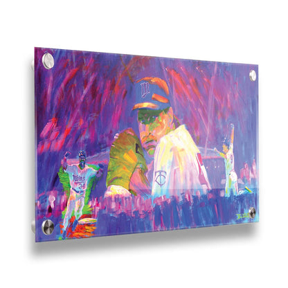 A painting of three Minnesota Twins players in a collage format, floating in an abstract purple, red, and pink background. Printed on acrylic.