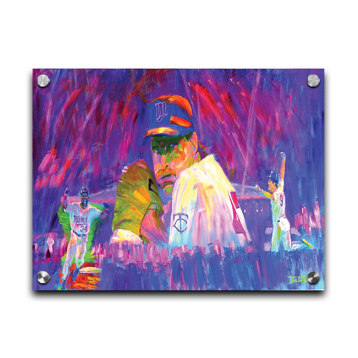 A painting of three Minnesota Twins players in a collage format, floating in an abstract purple, red, and pink background. Printed on acrylic.