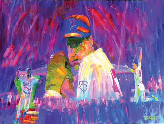 A painting of three Minnesota Twins players in a collage format, floating in an abstract purple, red, and pink background.