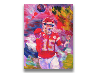 A painting of Kansas City Chiefs football team quarterback Patrick Mahomes throwing a football. Printed on canvas.