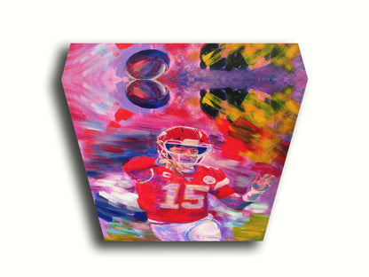 A painting of Kansas City Chiefs football team quarterback Patrick Mahomes throwing a football. Printed on canvas.