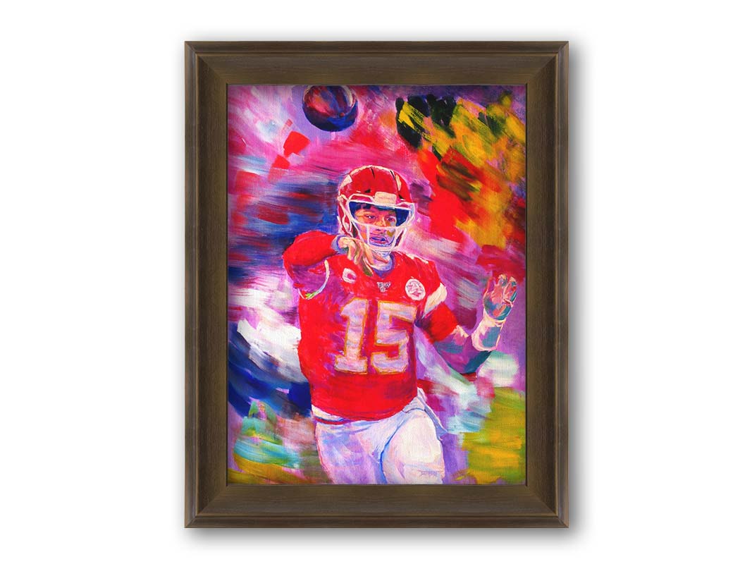 A painting of Kansas City Chiefs football team quarterback Patrick Mahomes throwing a football. Printed on canvas and framed.