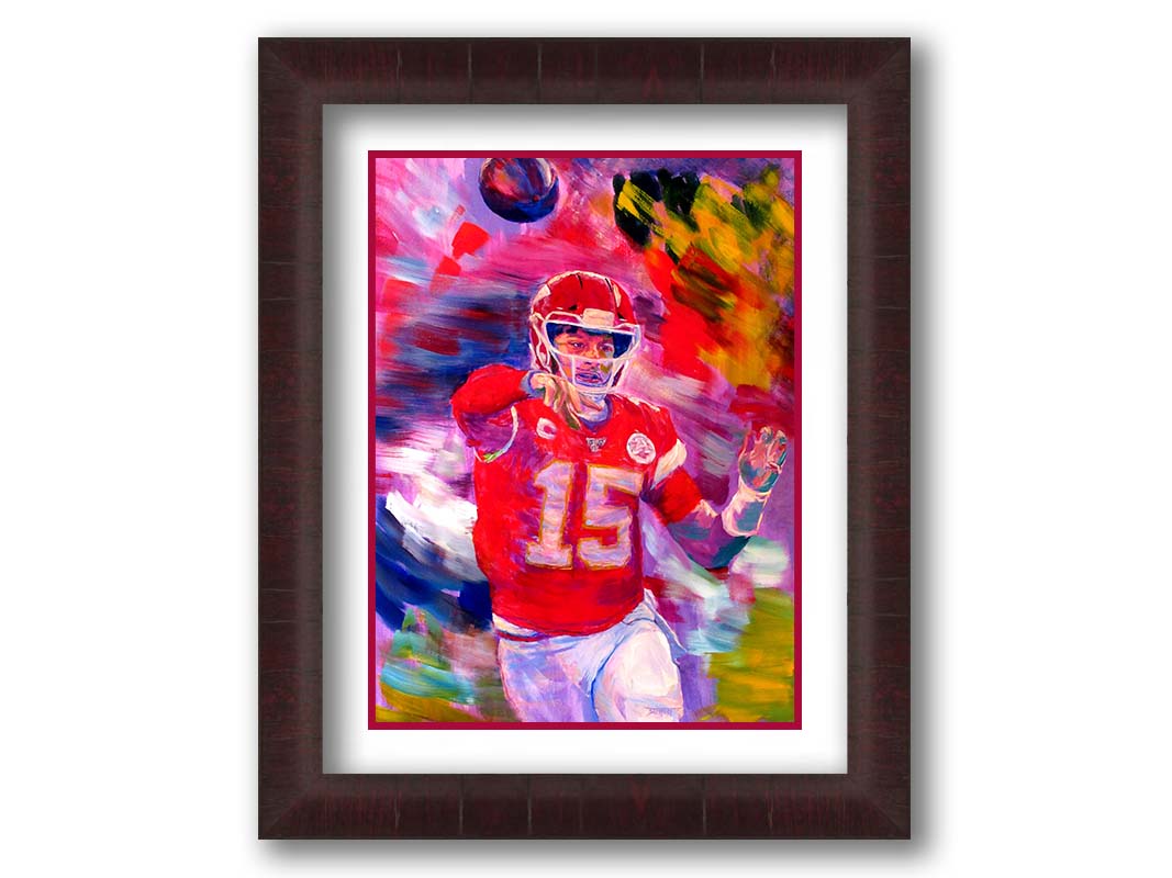 A painting of Kansas City Chiefs football team quarterback Patrick Mahomes throwing a football. Printed on paper, matted, and framed.