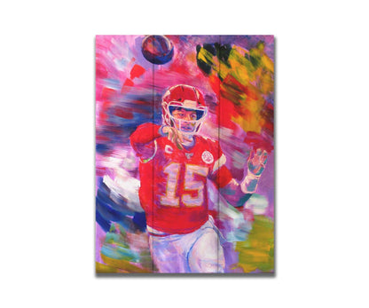 A painting of Kansas City Chiefs football team quarterback Patrick Mahomes throwing a football. Printed on a box board.