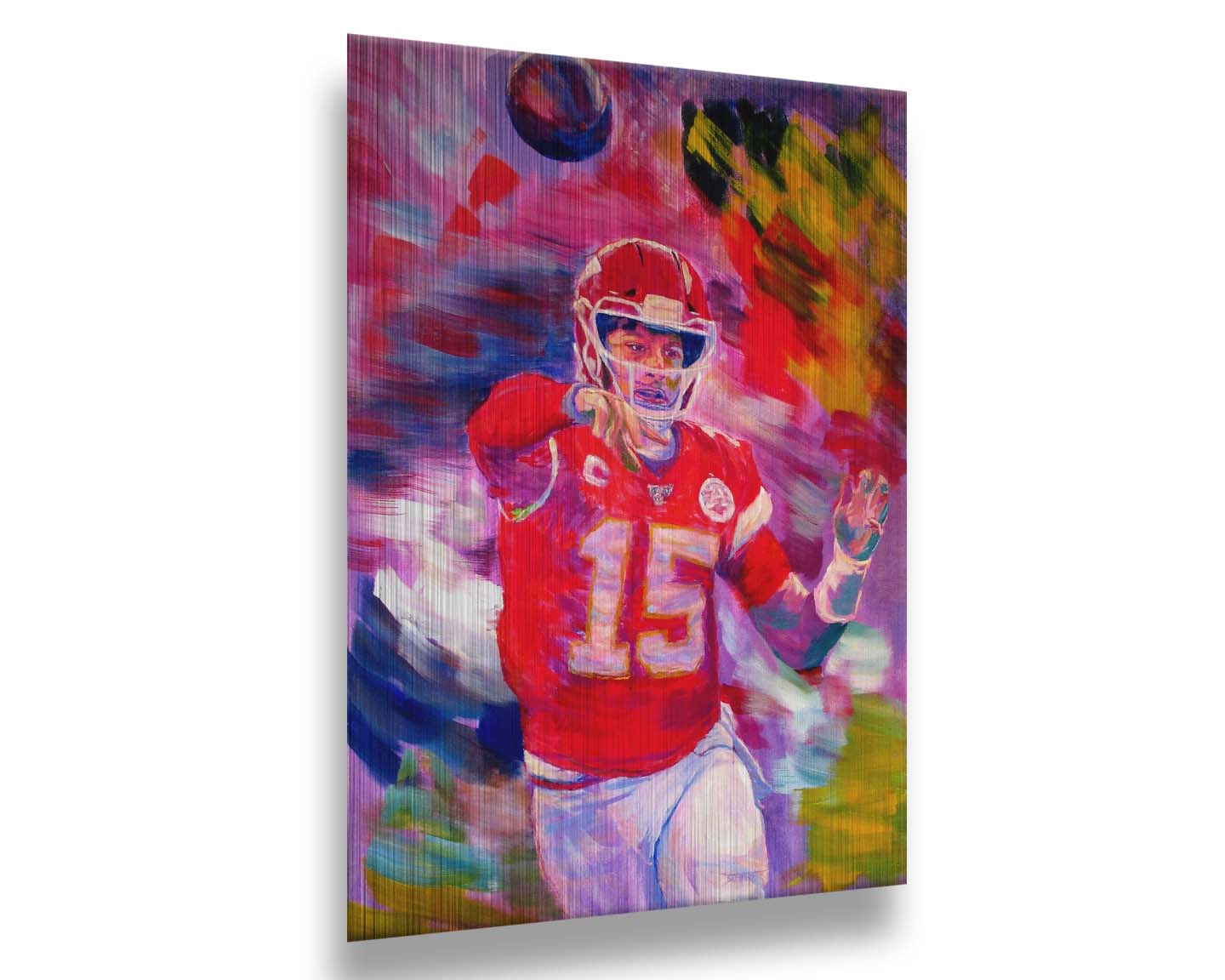 A painting of Kansas City Chiefs football team quarterback Patrick Mahomes throwing a football. Printed on metal.