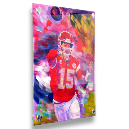 A painting of Kansas City Chiefs football team quarterback Patrick Mahomes throwing a football. Printed on acrylic.