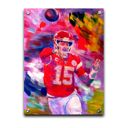 A painting of Kansas City Chiefs football team quarterback Patrick Mahomes throwing a football. Printed on acrylic.