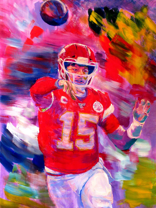 A painting of Kansas City Chiefs football team quarterback Patrick Mahomes throwing a football.