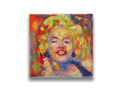 A portrait painting of Marilyn Monroe made with unblended, broad palette knife strokes. Printed on canvas.