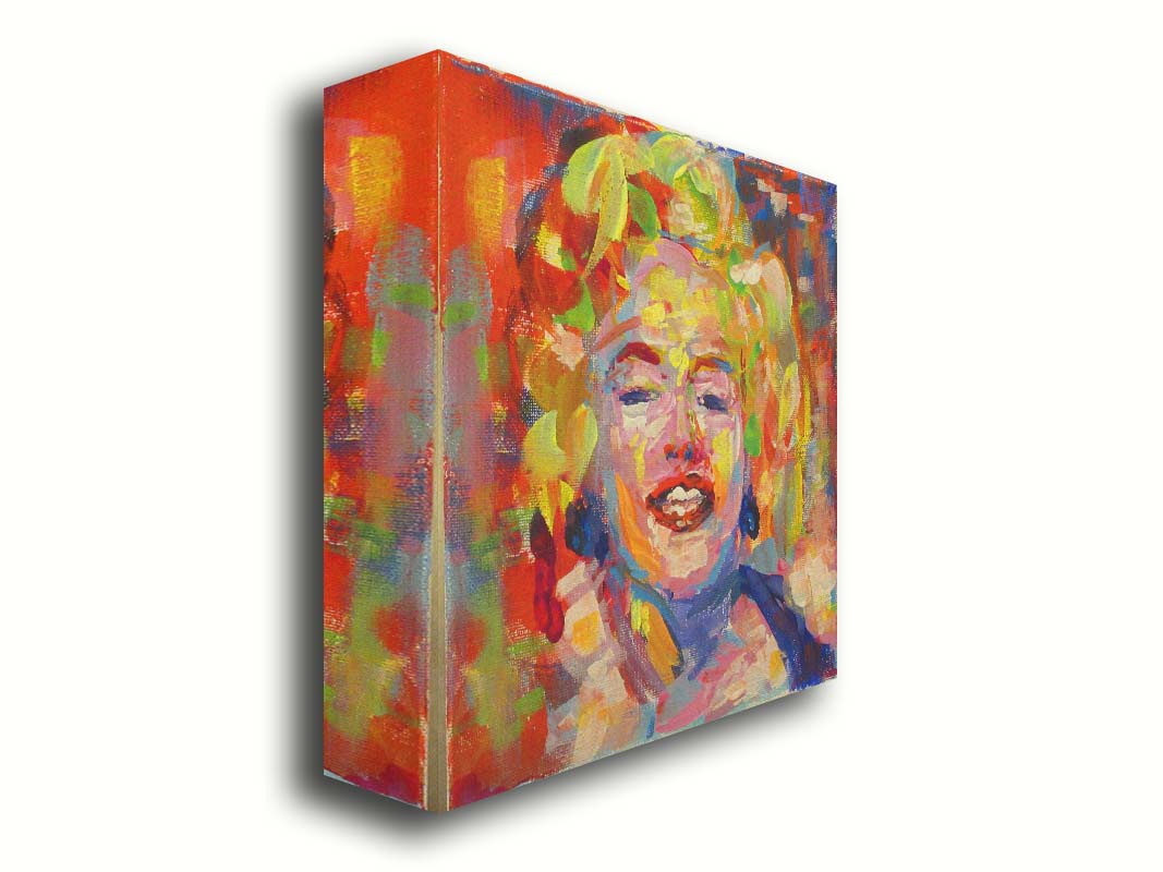 A portrait painting of Marilyn Monroe made with unblended, broad palette knife strokes. Printed on canvas.