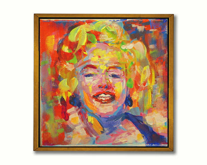 A portrait painting of Marilyn Monroe made with unblended, broad palette knife strokes. Printed on canvas in a float frame.