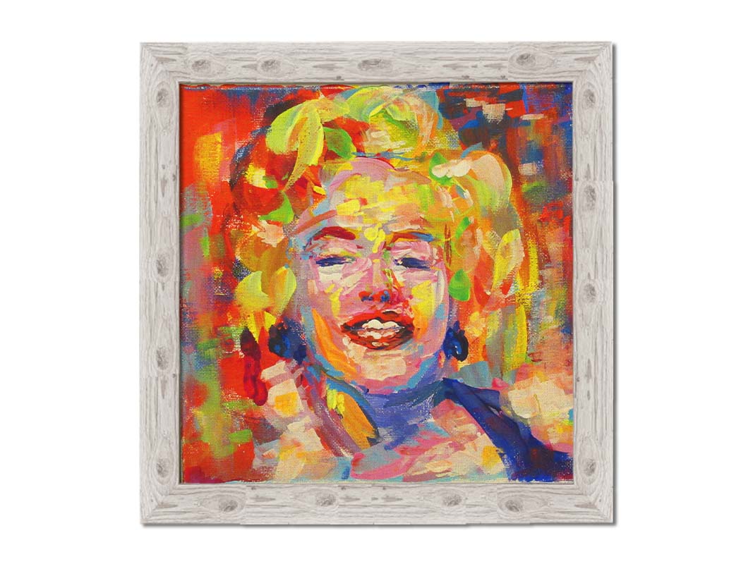 A portrait painting of Marilyn Monroe made with unblended, broad palette knife strokes. Printed on canvas and framed.