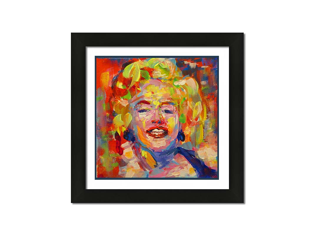 A portrait painting of Marilyn Monroe made with unblended, broad palette knife strokes. Printed on paper, matted, and framed.