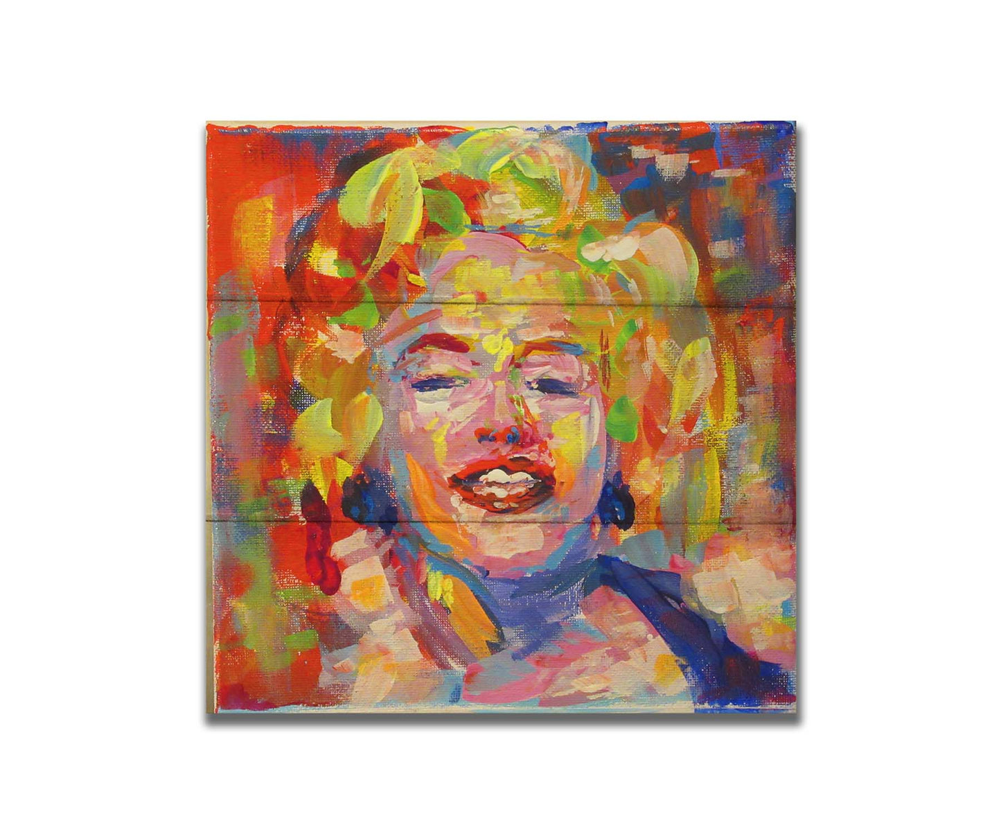 A portrait painting of Marilyn Monroe made with unblended, broad palette knife strokes. Printed on a wood pallet.