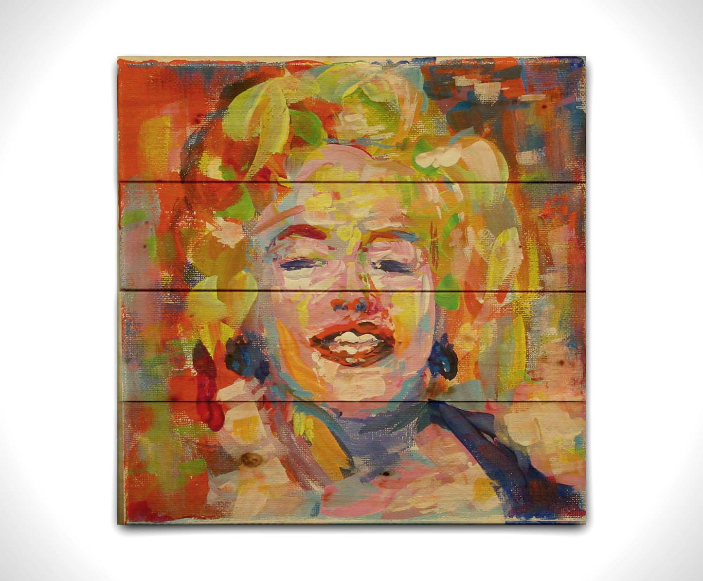 A portrait painting of Marilyn Monroe made with unblended, broad palette knife strokes. Printed on a wood pallet.