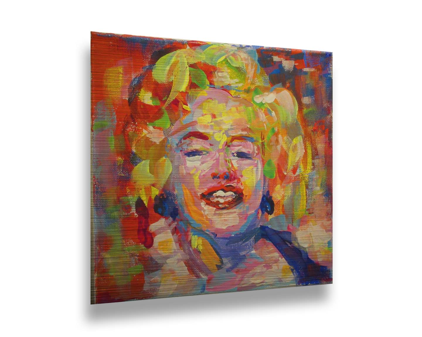 A portrait painting of Marilyn Monroe made with unblended, broad palette knife strokes. Printed on metal.