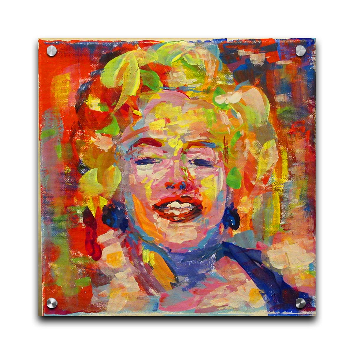 A portrait painting of Marilyn Monroe made with unblended, broad palette knife strokes. Printed on acrylic.