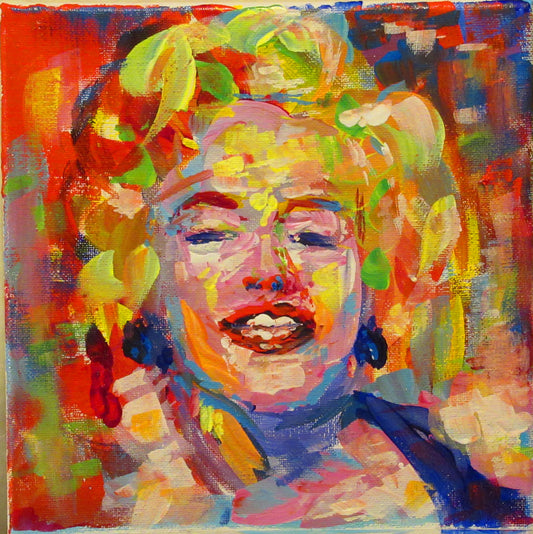 A portrait painting of Marilyn Monroe made with unblended, broad palette knife strokes.