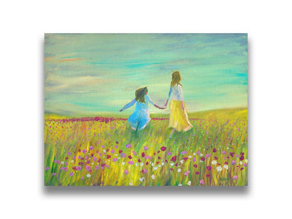 A painting of two people holding hands, walking through a field of green grass peppered with red, pink, and white flowers under a blue sky. Printed on canvas.