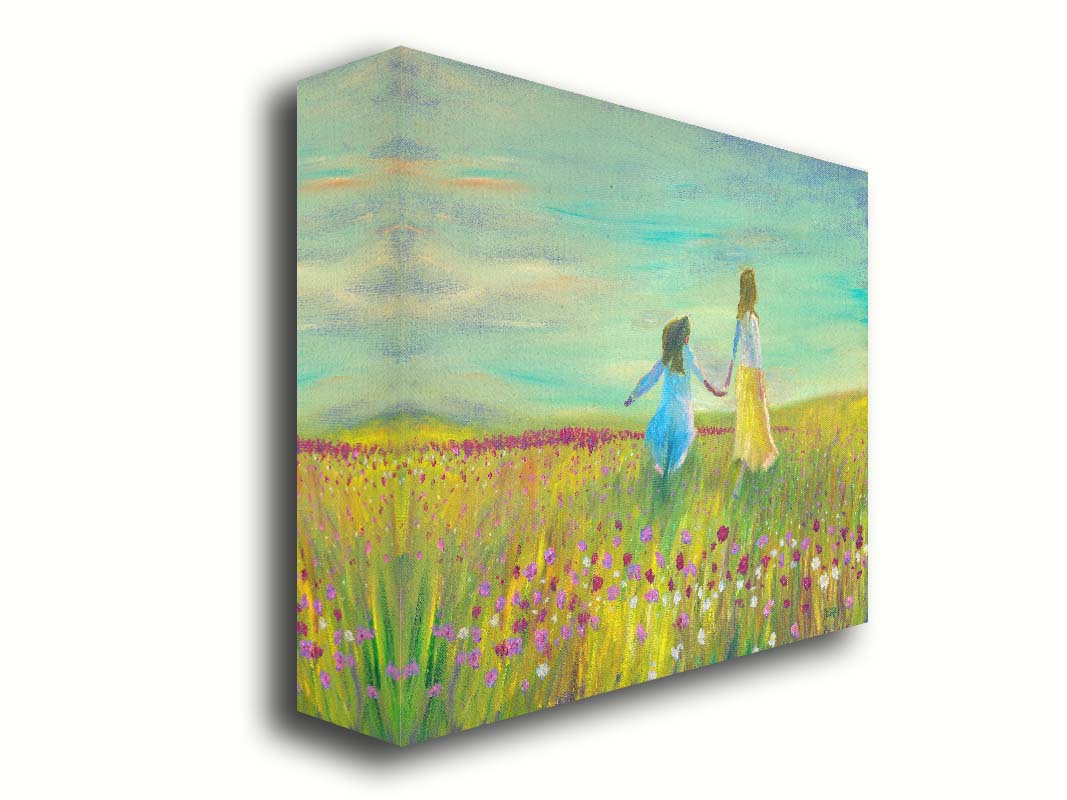 A painting of two people holding hands, walking through a field of green grass peppered with red, pink, and white flowers under a blue sky. Printed on canvas.