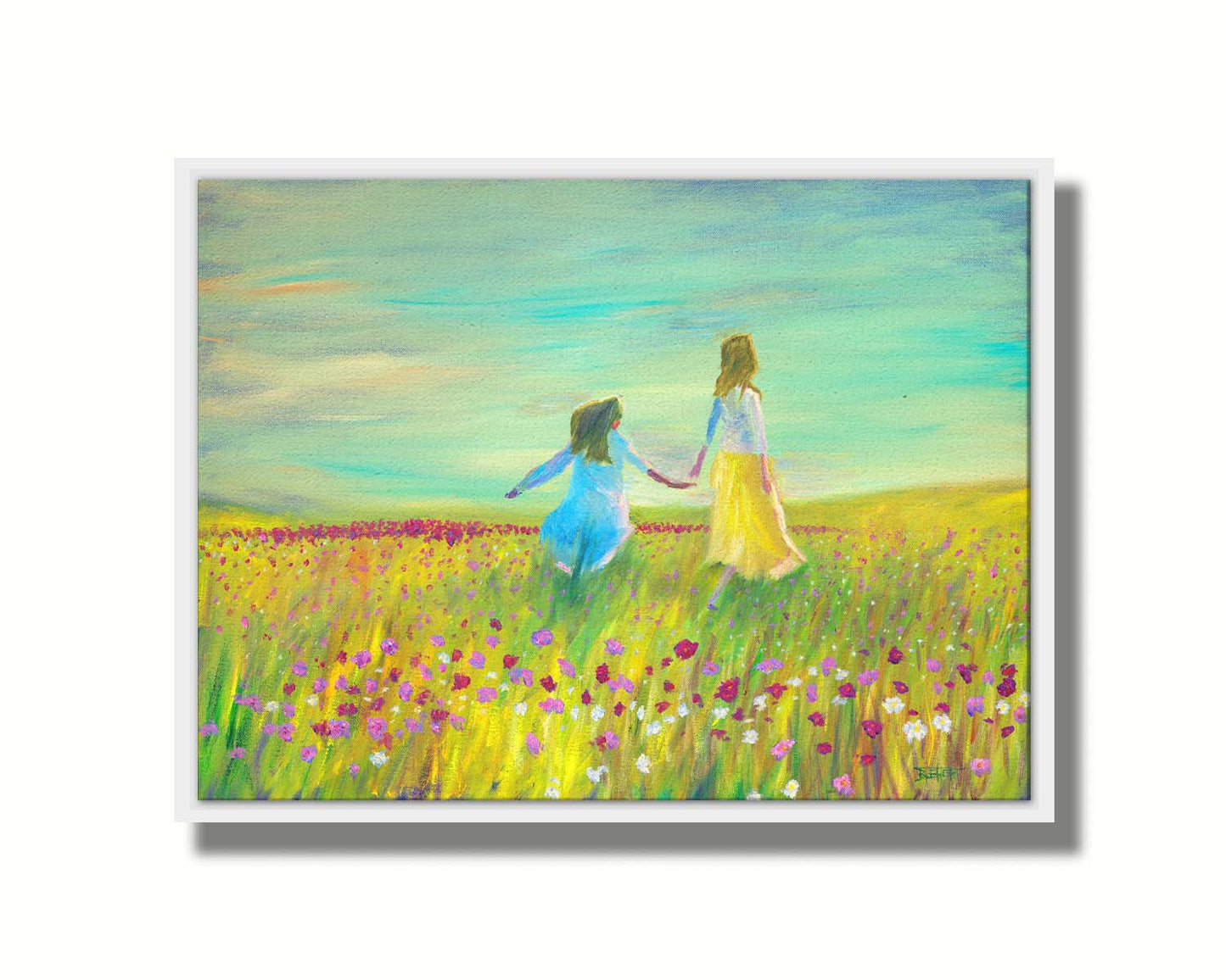 A painting of two people holding hands, walking through a field of green grass peppered with red, pink, and white flowers under a blue sky. Printed on canvas in a float frame.