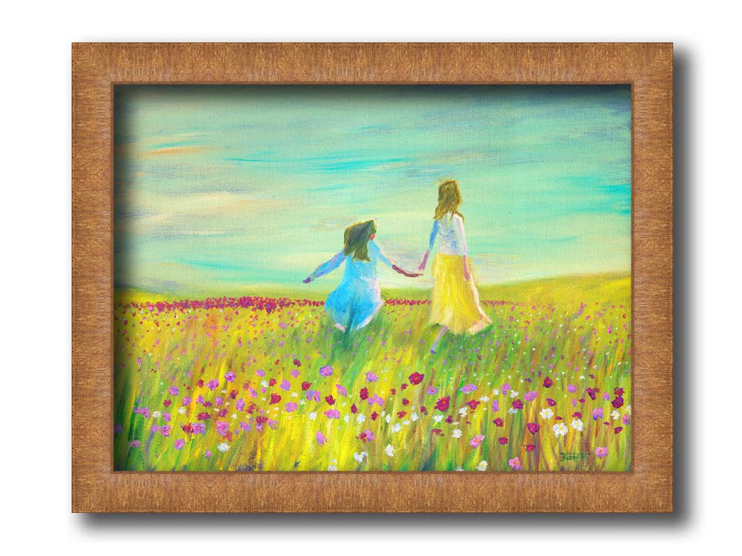 A painting of two people holding hands, walking through a field of green grass peppered with red, pink, and white flowers under a blue sky. Printed on canvas and framed.