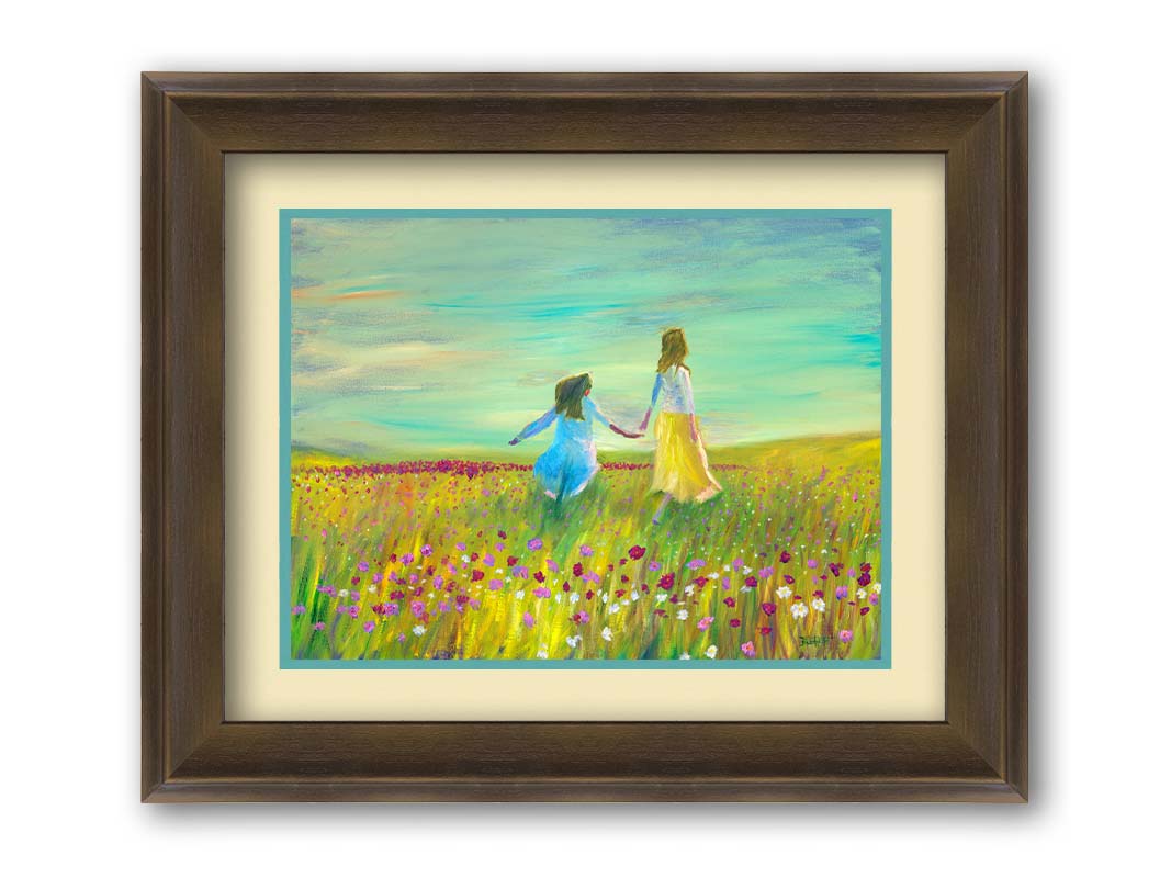 A painting of two people holding hands, walking through a field of green grass peppered with red, pink, and white flowers under a blue sky. Printed on paper, matted, and framed.