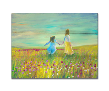 A painting of two people holding hands, walking through a field of green grass peppered with red, pink, and white flowers under a blue sky. Printed on a box board.