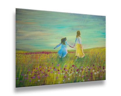 A painting of two people holding hands, walking through a field of green grass peppered with red, pink, and white flowers under a blue sky. Printed on metal.