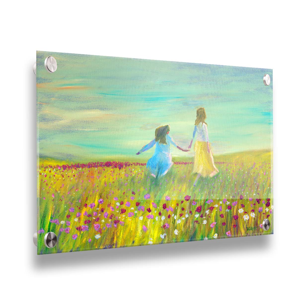 A painting of two people holding hands, walking through a field of green grass peppered with red, pink, and white flowers under a blue sky. Printed on acrylic.