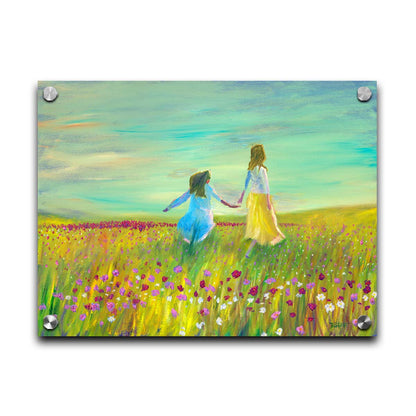 A painting of two people holding hands, walking through a field of green grass peppered with red, pink, and white flowers under a blue sky. Printed on acrylic.