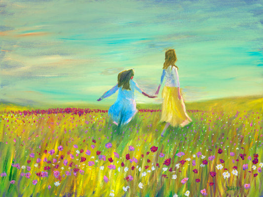 A painting of two people holding hands, walking through a field of green grass peppered with red, pink, and white flowers under a blue sky.