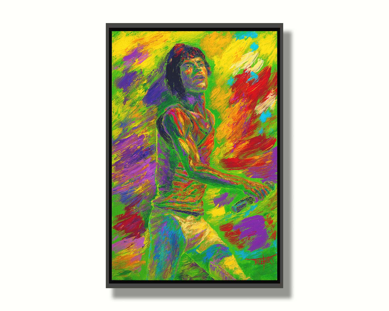 A painting of Mick Jagger of the Rolling Stones performing with a microphone. Printed on canvas in a float frame.