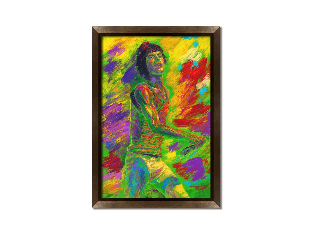 A painting of Mick Jagger of the Rolling Stones performing with a microphone. Printed on canvas and framed.