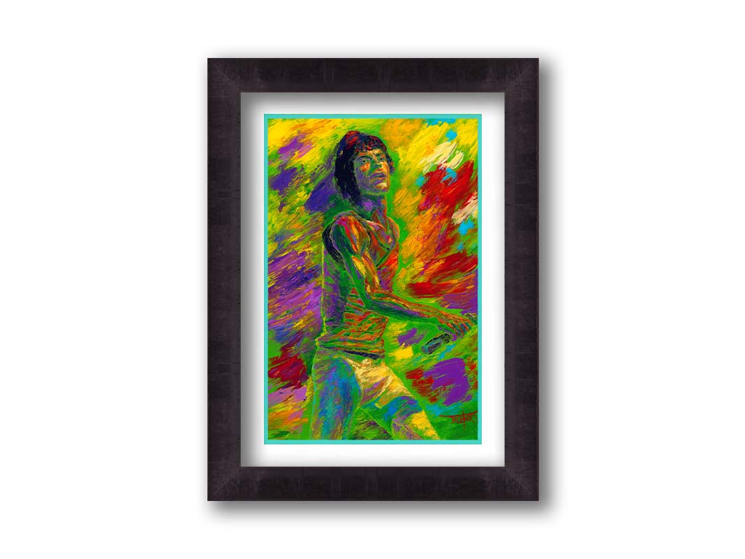 A painting of Mick Jagger of the Rolling Stones performing with a microphone. Printed on paper, matted, and framed.