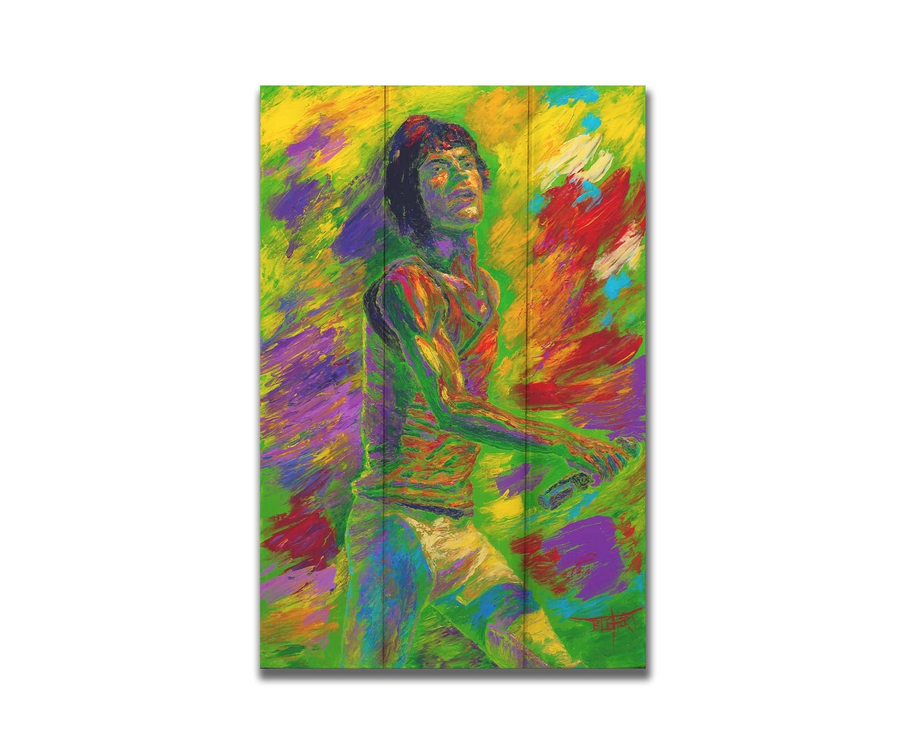 A painting of Mick Jagger of the Rolling Stones performing with a microphone. Printed on a box board.