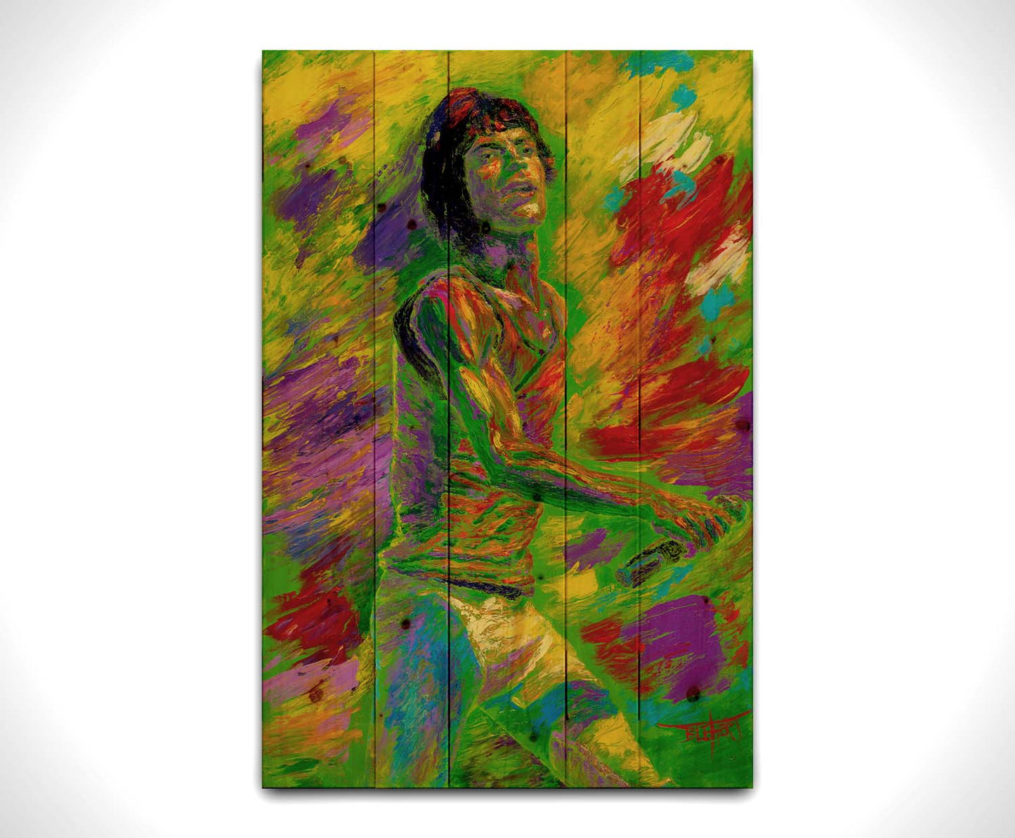 A painting of Mick Jagger of the Rolling Stones performing with a microphone. Printed on a wood pallet.