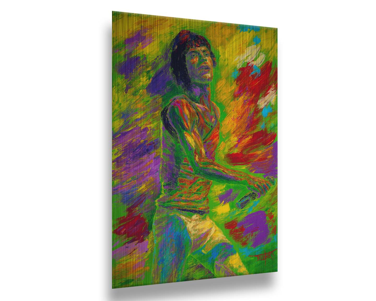 A painting of Mick Jagger of the Rolling Stones performing with a microphone. Printed on metal.