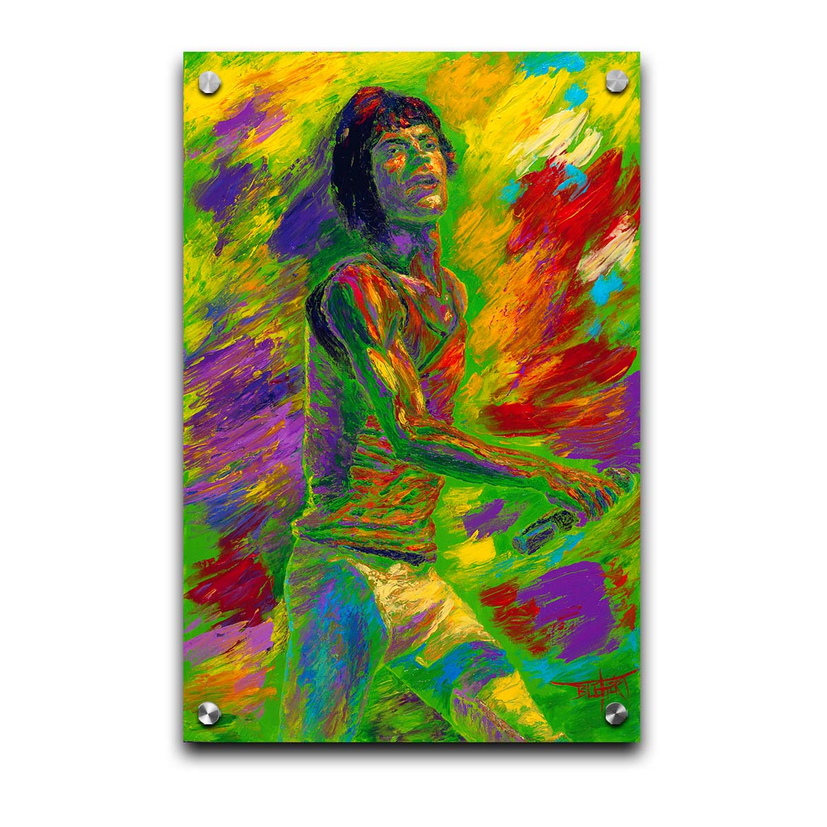 A painting of Mick Jagger of the Rolling Stones performing with a microphone. Printed on acrylic.