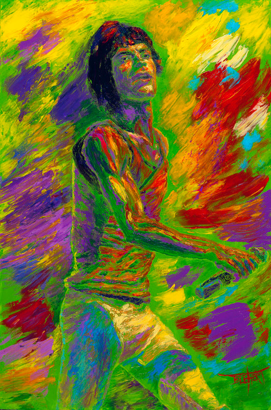 A painting of Mick Jagger of the Rolling Stones performing with a microphone.