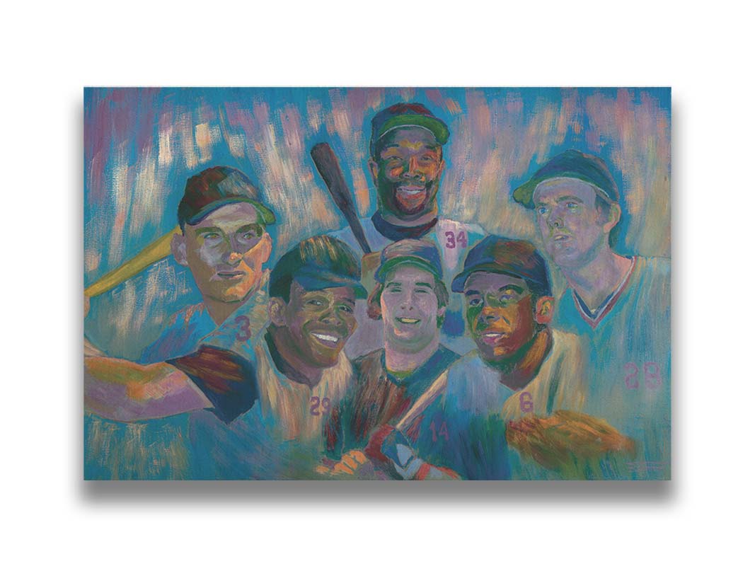 A portrait collage painting of Minnesota Twins' baseball players Harmon Killebrew, Tony Oliva, Rod Carew, Bert Blyleven, Kirby Puckett, and Kent Hrbek. Printed on canvas.