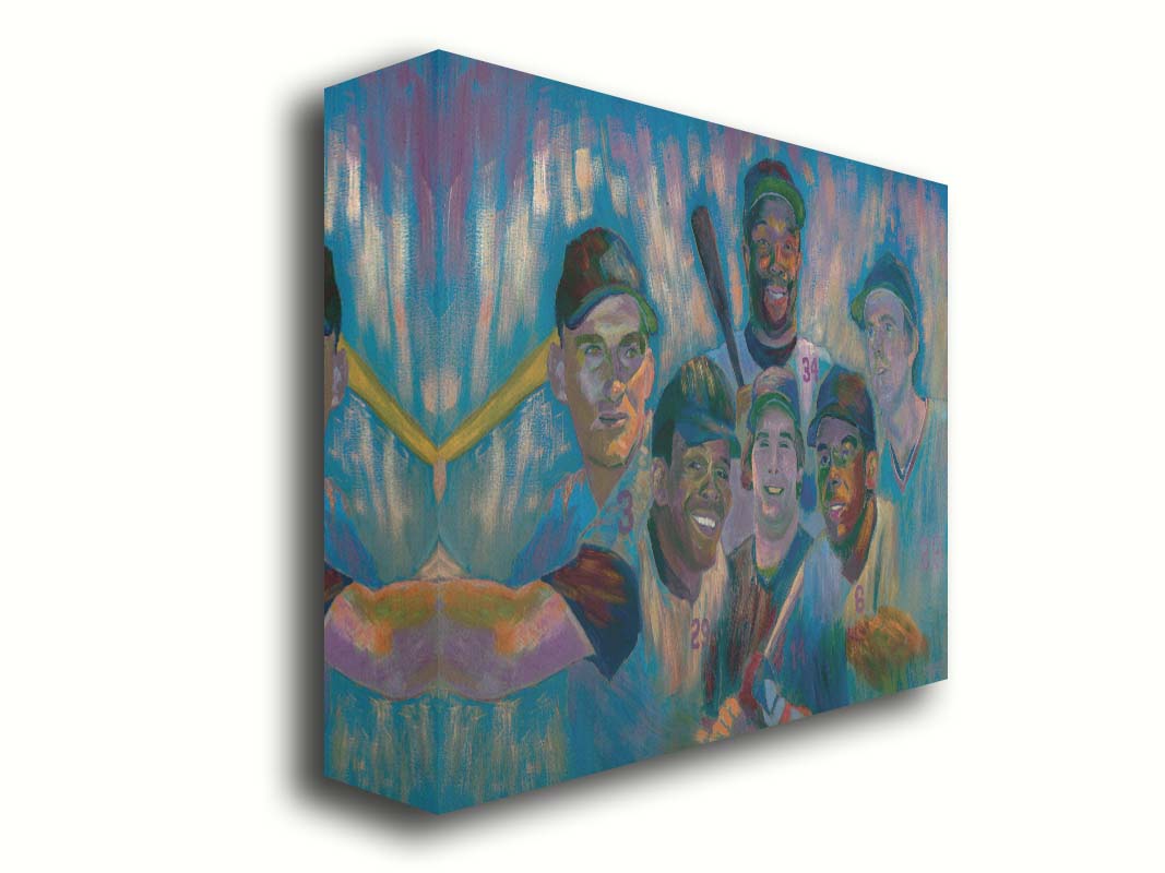 A portrait collage painting of Minnesota Twins' baseball players Harmon Killebrew, Tony Oliva, Rod Carew, Bert Blyleven, Kirby Puckett, and Kent Hrbek. Printed on canvas.