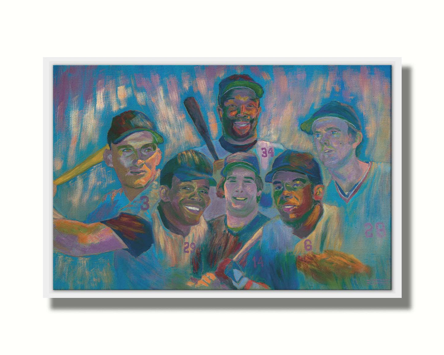 A portrait collage painting of Minnesota Twins' baseball players Harmon Killebrew, Tony Oliva, Rod Carew, Bert Blyleven, Kirby Puckett, and Kent Hrbek. Printed on canvas in a float frame.