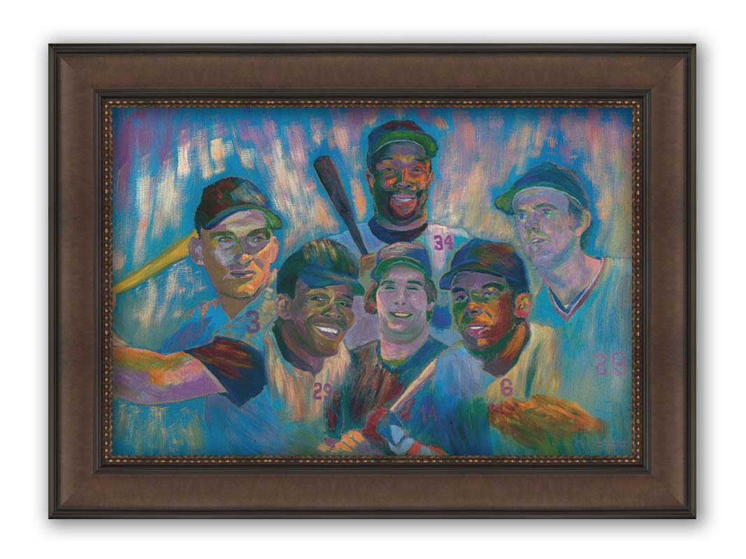 A portrait collage painting of Minnesota Twins' baseball players Harmon Killebrew, Tony Oliva, Rod Carew, Bert Blyleven, Kirby Puckett, and Kent Hrbek. Printed on canvas and framed.