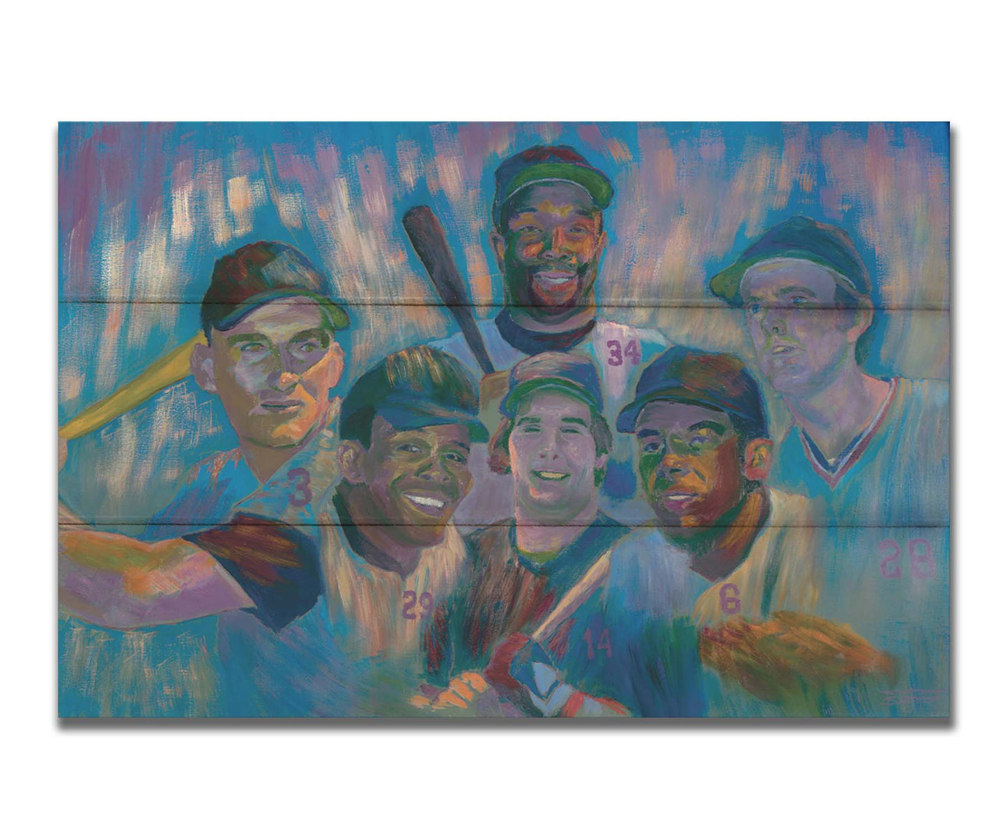 A portrait collage painting of Minnesota Twins' baseball players Harmon Killebrew, Tony Oliva, Rod Carew, Bert Blyleven, Kirby Puckett, and Kent Hrbek. Printed on a box board.