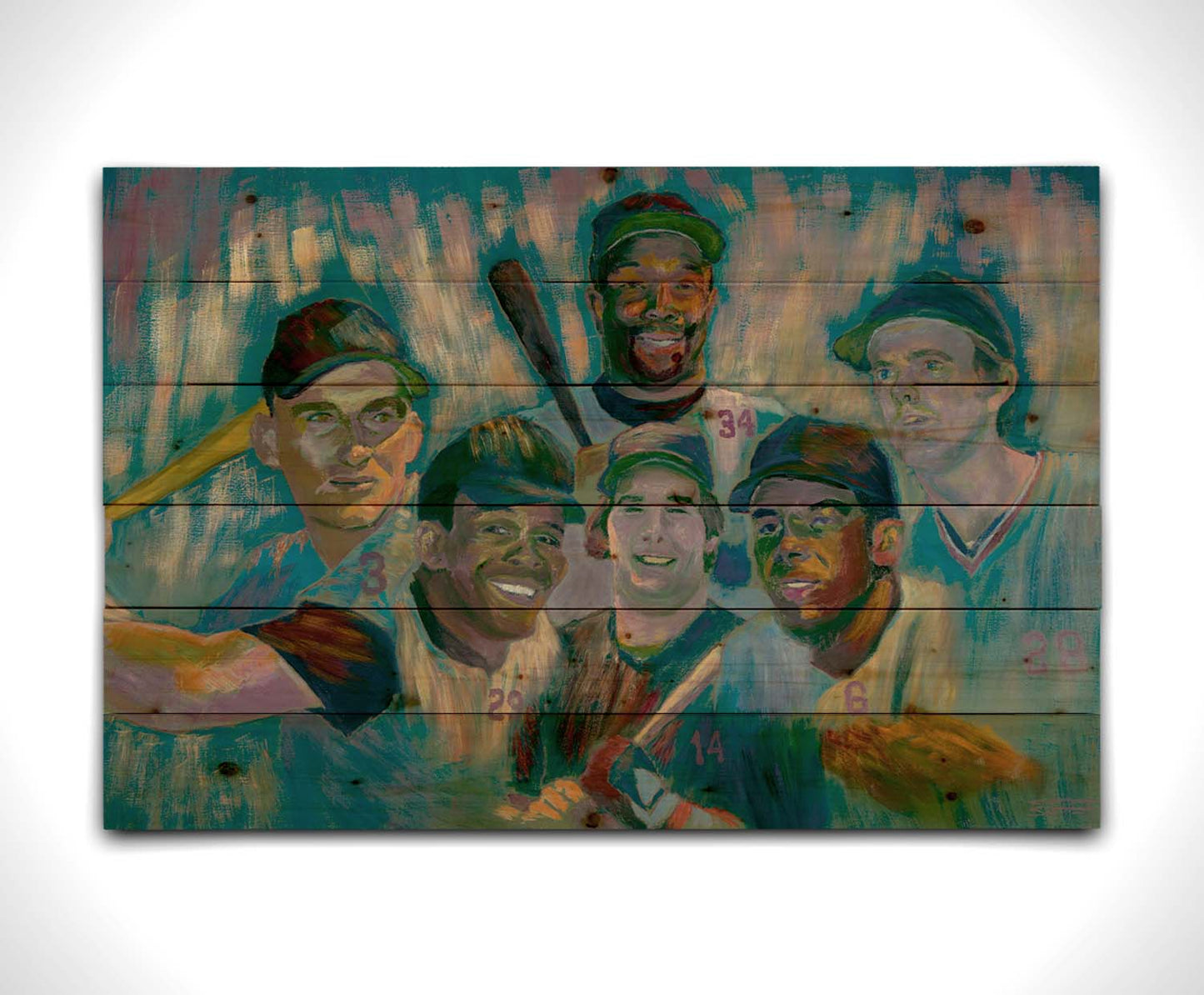 A portrait collage painting of Minnesota Twins' baseball players Harmon Killebrew, Tony Oliva, Rod Carew, Bert Blyleven, Kirby Puckett, and Kent Hrbek. Printed on a wood pallet.