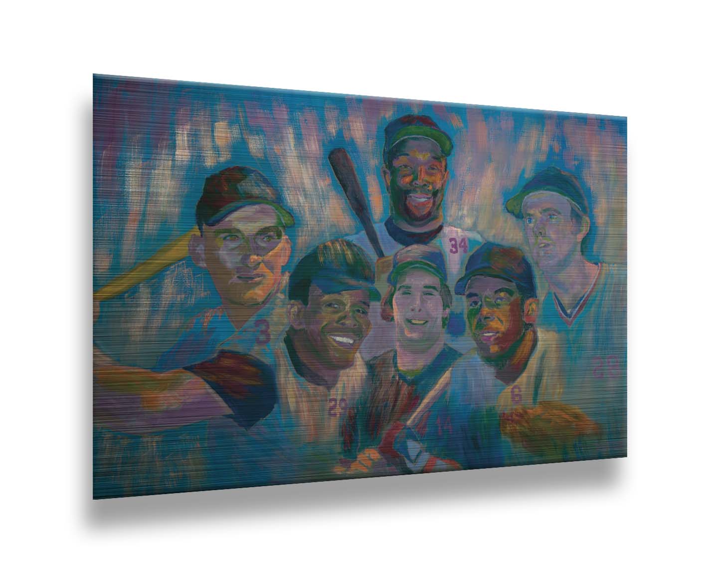 A portrait collage painting of Minnesota Twins' baseball players Harmon Killebrew, Tony Oliva, Rod Carew, Bert Blyleven, Kirby Puckett, and Kent Hrbek. Printed on metal.